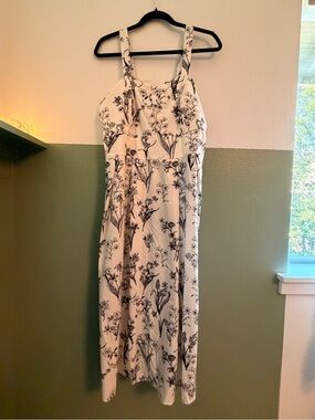 SHEIN White Midi Dress with Black Botanical Print